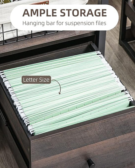 HOMCOM Industrial Style Home Office Desk with Filing Cabinet Storage Drawer for Letter Size Papers and Steel Frame, Black/Walnut - LeafyLoom