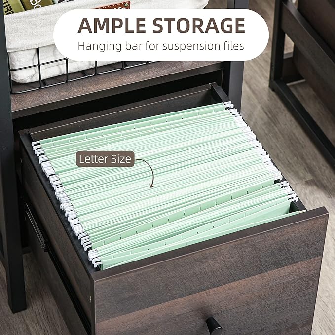 HOMCOM Industrial Style Home Office Desk with Filing Cabinet Storage Drawer for Letter Size Papers and Steel Frame, Black/Walnut - LeafyLoom