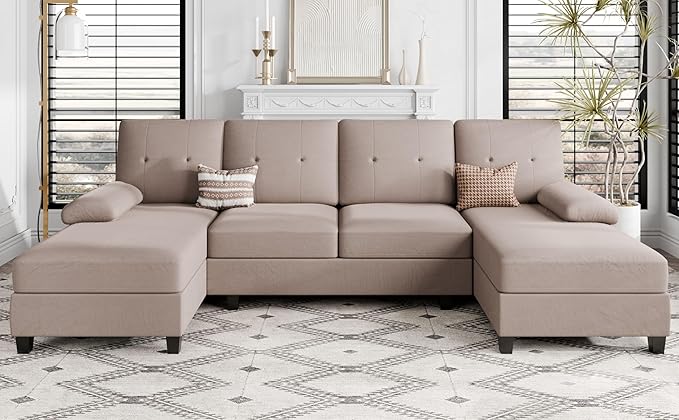 Shintenchi Sectional Couches for Living Room, U Shaped Sofa Couch with Double Chaise, 4-Seat Living Room Furniture Sets with Soft Cushion & Linen Fabric, Beige - LeafyLoom