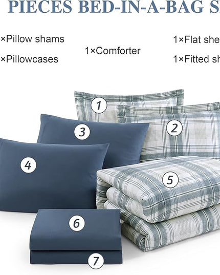 Blue Full Size Comforter Sets, Plaid Comforter Full Size for Boys & Girls,Classic Homestead-style Bedding Sets Full with Full Size Bed Sheets and Comforter Set - LeafyLoom