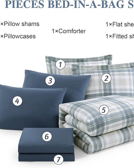 Blue Comforters Queen Size, Plaid Queen Bed Set for Boys & Girls,Classic Homestead-style Queen Size Comforter Sets with Sheets and Comforter Set - LeafyLoom
