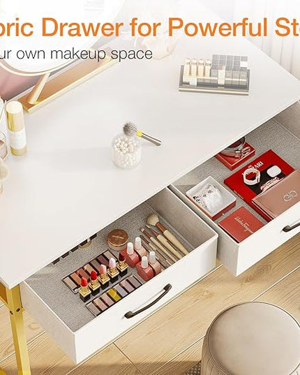 ODK Vanity Desk without Mirror, Makeup Vanity with 2 Fabirc Drawers, White Vanity Dressing Vanity Table with Versatile Hook, 40 Inch Girl Vanity for Bedroom, Desk Make Up for Girls, White and Gold - LeafyLoom