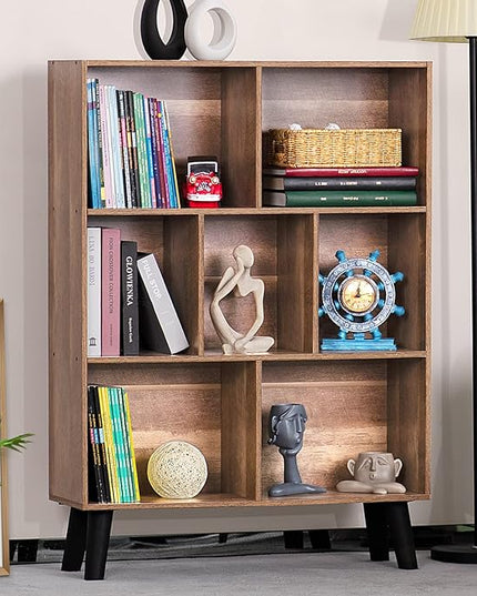 LEYAOYAO 7 Cube Bookshelf 3 Tier Modern Bookcase with Legs,Wood Book Shelves Storage Organizer Shelf,Free Standing Bookcases,Oak Display Bookshelves - LeafyLoom