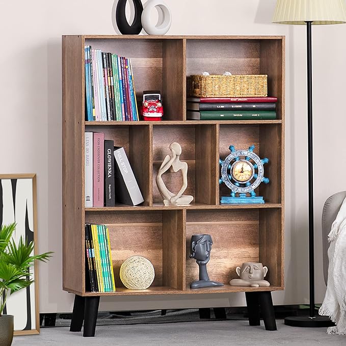 LEYAOYAO 7 Cube Bookshelf 3 Tier Modern Bookcase with Legs,Wood Book Shelves Storage Organizer Shelf,Free Standing Bookcases,Oak Display Bookshelves - LeafyLoom