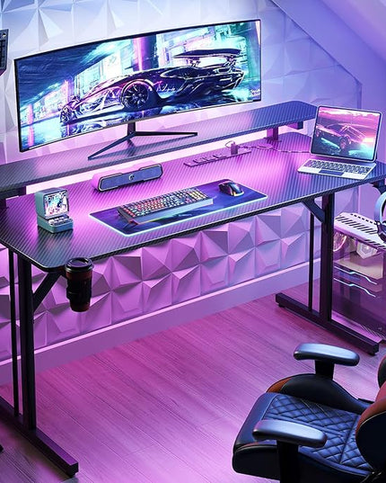 MOTPK Gaming Desk with LED Lights & Power Outlets, 47 Inch Computer Desk Gaming Table with Monitor Shelf, Gamer Desk with Carbon Fiber Texture, Kids Boys Desk Gift for Men - LeafyLoom