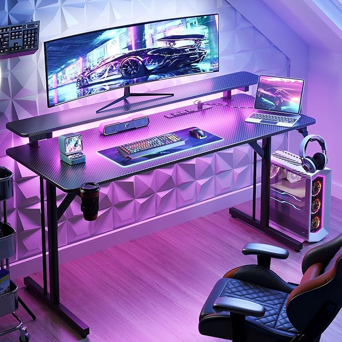 MOTPK Gaming Desk with LED Lights & Power Outlets, 47 Inch Computer Desk Gaming Table with Monitor Shelf, Gamer Desk with Carbon Fiber Texture, Kids Boys Desk Gift for Men - LeafyLoom