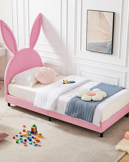 VECELO Kids Twin bed Frame with Upholstered Headboard, Princess Beds for Girls, 12 Wooden Slats Support, No Boxing Spring Needed - LeafyLoom