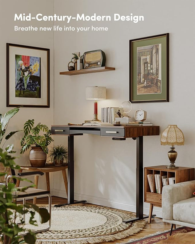 BANTI 48" x 26" Electric Standing Desk, Mid-Century Modern Desk with 3 Drawers, Stand Up Home Office Desks, Vintage Top - LeafyLoom