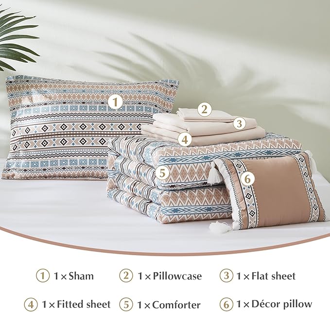 CASAAGUSTO Twin Comforter Set, 6 Pieces Terrcotta Boho Comforter Set, Microfiber Cozy Bohomian Bedding Set with Decor Pillow, Lightweight Breathable for All Seasons - LeafyLoom