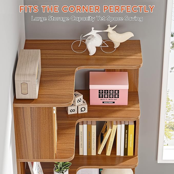 6-Shelf Corner Bookshelf, 65” Tall L Shaped Bookcase, 6-Tier Industrial Corner Shelf Storage Display Rack for Living Room Home Office, Wood Grain Walnut - LeafyLoom