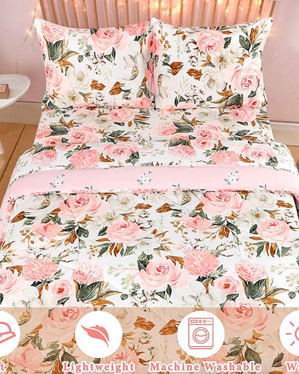 DILIMI Twin Comforter Set for Girls, Reversible Pink Floral Comforter Twin Size Bed, 5 Pieces Ultra Soft Twin Bedding Sets with Comforter, Flat Sheet, Fitted Sheet, 2 Pillowcase - LeafyLoom