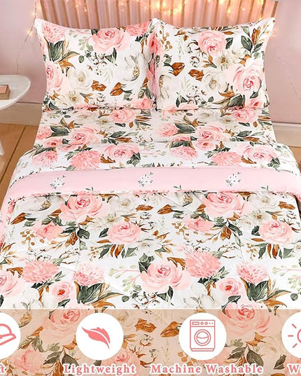DILIMI Full Size Comforter Set for Girls, Reversible Comforter Full Size, 5 Pieces Ultra Soft Pink Floral Full Size Bed Comforter Sets with Sheet, Comforter, Flat Sheet, 2 Pillowcase - LeafyLoom