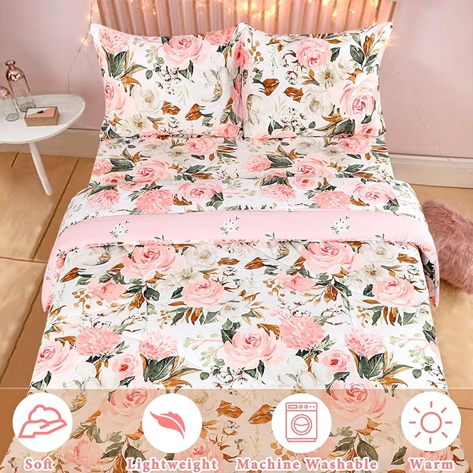 DILIMI Full Size Comforter Set for Girls, Reversible Comforter Full Size, 5 Pieces Ultra Soft Pink Floral Full Size Bed Comforter Sets with Sheet, Comforter, Flat Sheet, 2 Pillowcase - LeafyLoom