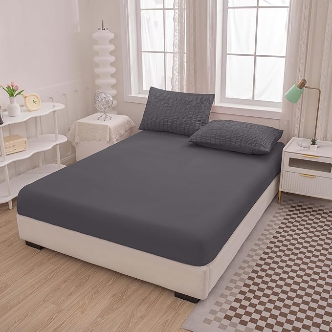 Grey Queen Size Comforter Sets for Boys Men Boho Dark Grey Seersucker Bedding Set 5 Pieces-Microfiber Lightweight All Season Comforter Set for Bedding(90x90In Comforter) - LeafyLoom