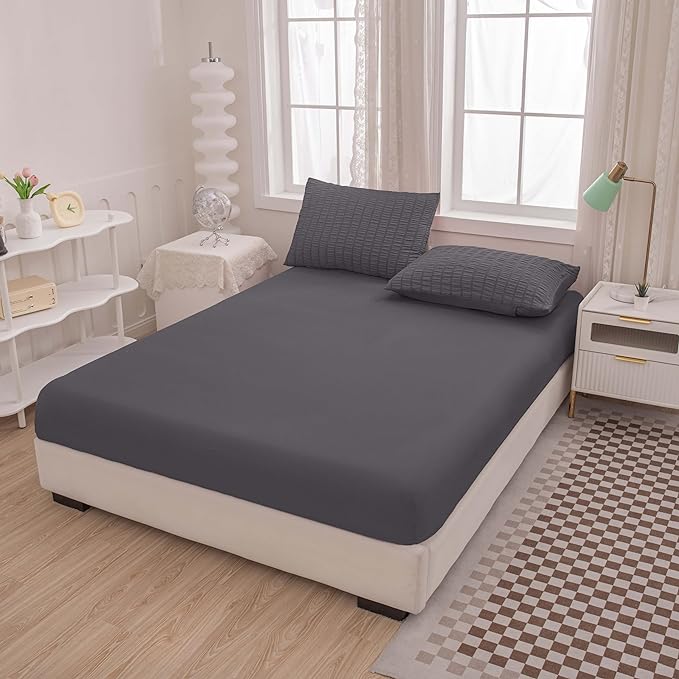Grey Queen Size Comforter Sets for Boys Men Boho Dark Grey Seersucker Bedding Set 5 Pieces-Microfiber Lightweight All Season Comforter Set for Bedding(90x90In Comforter) - LeafyLoom