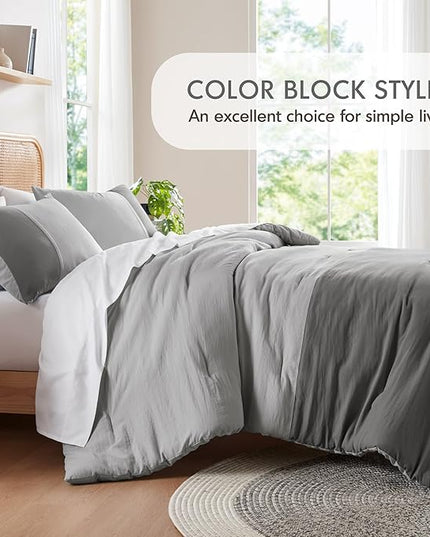 Grey Twin Comforter Set - Modern Soft Farmhouse Bedding for Teen Boys, Kids Colorblock Pattern Bed Sets for All Season, 2 Pieces includes 1 Comforter, 1 Sham (66"x 90") - LeafyLoom