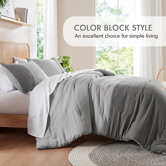 Grey Comforter Queen Set - Modern Soft Farmhouse Comforter Sets for Men, Masculine Colorblock Pattern Bedding Set for All Season, 3 Pieces includes 1 Comforter, 2 Shams (90"x 90") - LeafyLoom