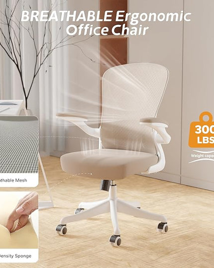Mid Back Ergonomic Chair For Computer Home Desk with Flip-Armrest & Cushion for Lumbar Support, Thickened Cushion Desk Chairs Khaki - LeafyLoom