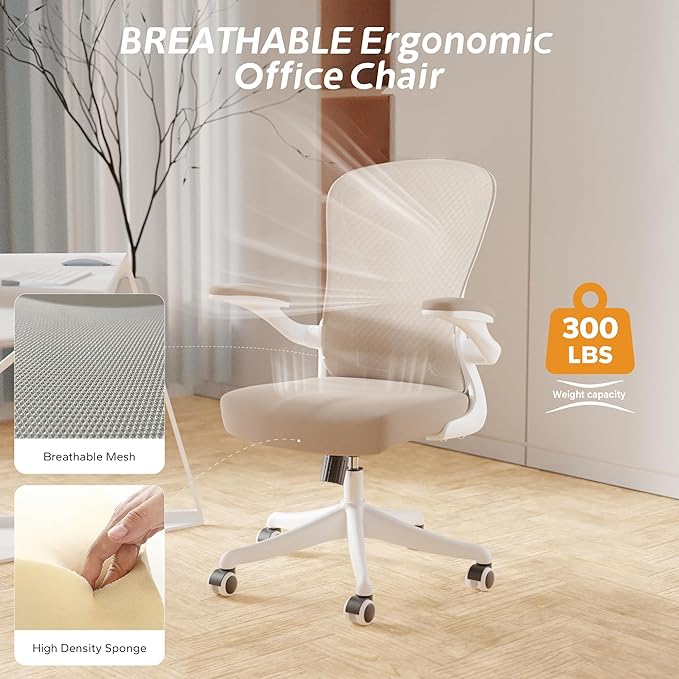 Mid Back Ergonomic Chair For Computer Home Desk with Flip-Armrest & Cushion for Lumbar Support, Thickened Cushion Desk Chairs Khaki - LeafyLoom