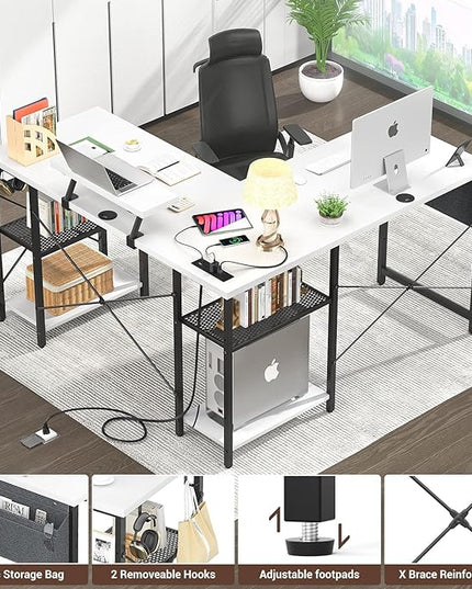Aheaplus L Shaped Desk with Outlet and USB Charging Ports, L-Shaped Desk with Storage Shelves Reversible Corner Computer Desk 2 Person Long Table with Monitor Stand Gaming Home Office Desk, White - LeafyLoom