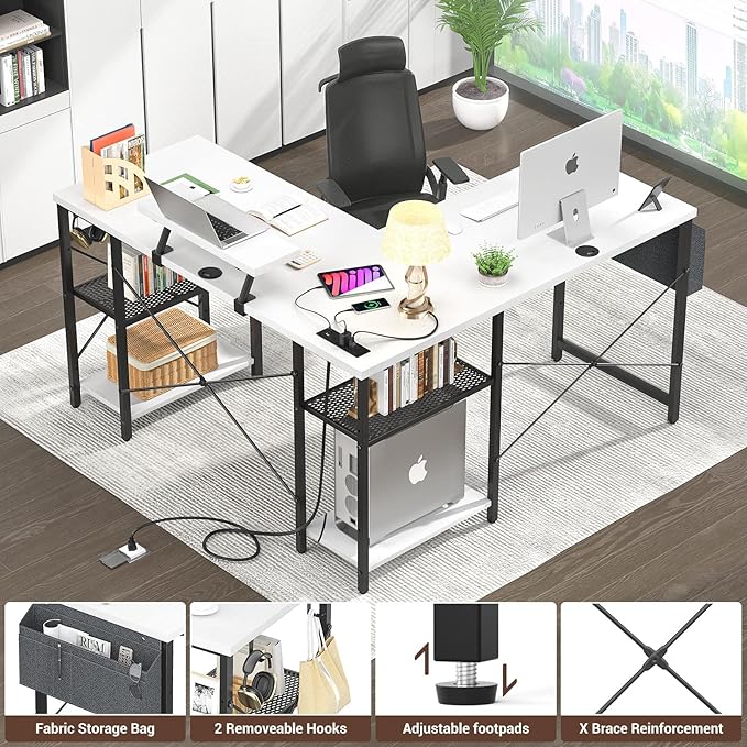 Aheaplus L Shaped Desk with Outlet and USB Charging Ports, L-Shaped Desk with Storage Shelves Reversible Corner Computer Desk 2 Person Long Table with Monitor Stand Gaming Home Office Desk, White - LeafyLoom