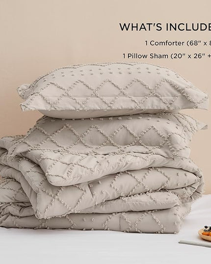 Bedsure Twin/Twin XL Comforter Set - Linen Boho Twin Extra Long Comforter Set for College, Shabby Chic Dorm Bedding Set, 2 Pieces Modern Farmhouse Bed Set, includes 1 Pillow Sham - LeafyLoom