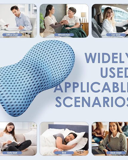 Lumbar Support Pillow Ergonomic Memory Foam, Relieve Back Pain, CMFY Breathable & Detachable & Washable, Perfect for Office Chairs, Car Seats, Beds (Blue) - LeafyLoom