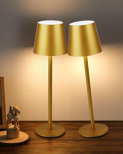 2Pack Gold Cordless Table Lamp, 5200mAh IP54 Waterproof Rechargeable Battery Desk Lamp, 3 Color Stepless Dimming Up，Battery Operated Lamp for Kitchen/Outdoor/Restaurant/Camping (Gold) - LeafyLoom