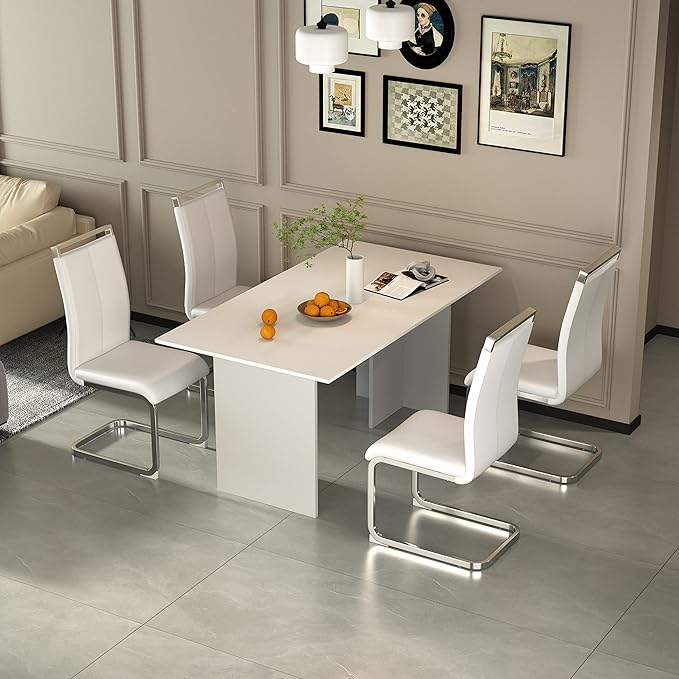 Dining Chairs Set, Kitchen Modern Metal Chairs with Faux Leather Padded Seat High Back and Sturdy Chrome Legs, Chairs for Dining Room (White, Set of 4) - LeafyLoom