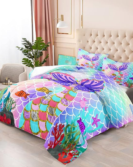 Mermaid Tail Comforter Set Queen Size, 3Pcs Rainbow Mermaid Fish Scales Bedding Set, Microfiber Kids Bedding Glitter Mermaid Tail Pattern Decor for Girls Bedroom1 Comforter 2 Pillowcase - LeafyLoom