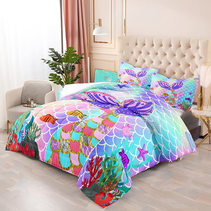 Mermaid Full Size Bedding Set for Girls, Rainbow Mermaid Tail Fish Scales Comforter Set Full Size Bed in a Bag, Cute Mermaid Tail Pattern Decor for Girls Bedroom, 1 Comforter 2 Pillowcase - LeafyLoom