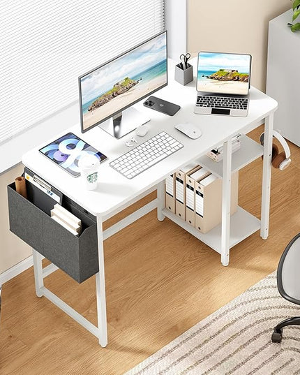 Computer Desk, 39.3” Home Office Desks, Modern Small Desk for Bedroom, Gaming Desk with Iron Hook and Height Adjustable Feet, Sturdy Student Writing Desk with Storage Bag, Storage Shelves - LeafyLoom