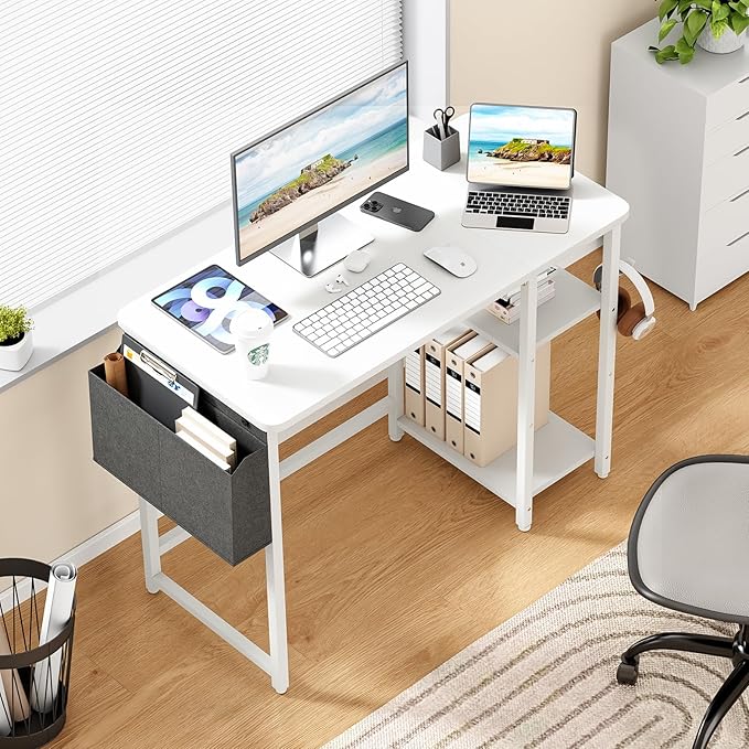 Computer Desk, 39.3” Home Office Desks, Modern Small Desk for Bedroom, Gaming Desk with Iron Hook and Height Adjustable Feet, Sturdy Student Writing Desk with Storage Bag, Storage Shelves - LeafyLoom