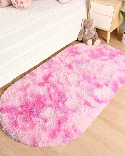 Merelax Soft Shaggy Rug for Kids Bedroom, Oval 2.6'x5.3' Plush Fluffy Rugs for Living Room, Furry Carpet for Teen Girls Room, Anti-Skid Fuzzy Comfy Rug for Nursery, Cute Baby Play Mat,Tie-dyed Pink - LeafyLoom