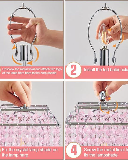Luvkczc Set of 2 Bedside Pink Crystal Table Lamp, Touch Control Crystal Lamp, 3-Way Dimmable Lamp with Crystal Shade for Bedroom, Girl Living Room, 6W B11 Bulb Included - LeafyLoom