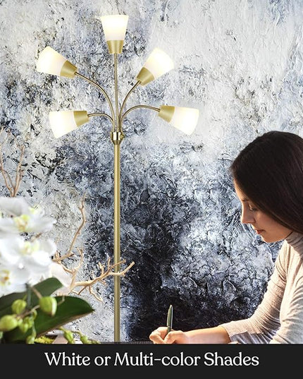 Brightech Medusa Modern LED Floor Lamp – Multi Head Floor Lamp for Living Rooms & Offices – Tall Lamp with Interchangeable Shade, Standing Lamp with 5 LED Bulbs for Hobbies - Brass - LeafyLoom