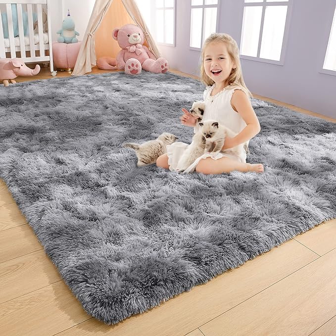 AROGAN Soft Rainbow Area Rugs for Girls Room 5x8 Feet, Fluffy Girls Bedroom Rugs, Princess Rug, Cute Colorful Carpet for Kids Teens Nursery Toddler, Grey - LeafyLoom