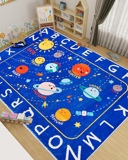 Outer Space Kids Rug,59"X39.4" ABC Alphabet Educational Kids Rugs for Playroom,Non Slip Solar System Galaxy Planets Playroom Rug,Washable Kids Area Rug Carpet for Classroom Bedroom Kids Room Decor - LeafyLoom