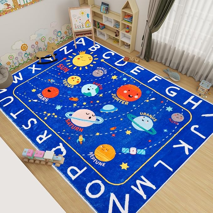 Outer Space Kids Rug,59"X39.4" ABC Alphabet Educational Kids Rugs for Playroom,Non Slip Solar System Galaxy Planets Playroom Rug,Washable Kids Area Rug Carpet for Classroom Bedroom Kids Room Decor - LeafyLoom