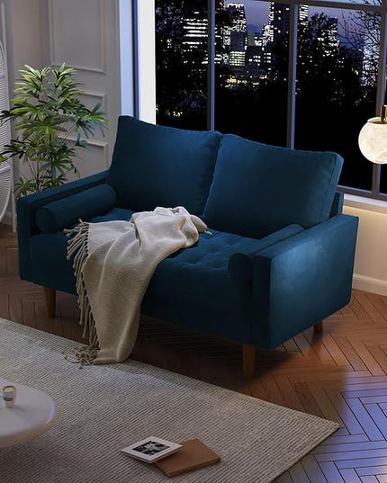 Velvet Furniture for Small, Mid-Century Modern Loveseats for Living Room, Love Seat Couch Sofas, 58 Inches, Space Blue - LeafyLoom