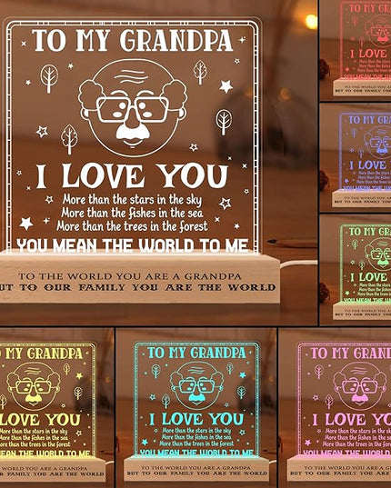 Grandpa Gifts from Grandchildren, to My Grandpa Night Light, Fathers Day Birthday Christmas Gifts for Grandfather, Lamp with Wooden Base for Men, Gifts Bedroom Décor - LeafyLoom