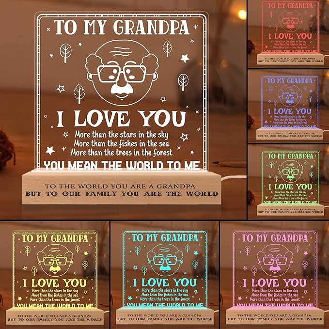 Grandpa Gifts from Grandchildren, to My Grandpa Night Light, Fathers Day Birthday Christmas Gifts for Grandfather, Lamp with Wooden Base for Men, Gifts Bedroom Décor - LeafyLoom