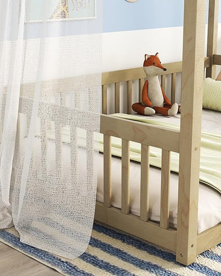Full Size Canopy Bed Frame with Guardrails for Kids,Floor Bed Full with Four Poster Design,Kids Montessori Floor Bed,Wood Canopy Bed Frame for Girls,Boys(Full,Natural) - LeafyLoom