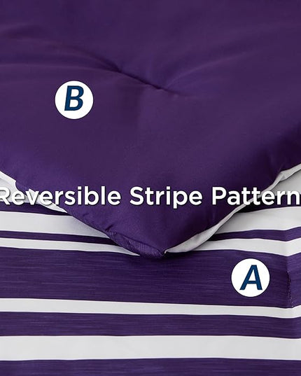 Bedsure Bed in a Bag Twin Size 5-Piece Purple White Striped Bedding Comforter Sets All Season Bed Set with 1 Pillow Sham, Flat Sheet, Fitted Sheet and 1 Pillowcase - LeafyLoom