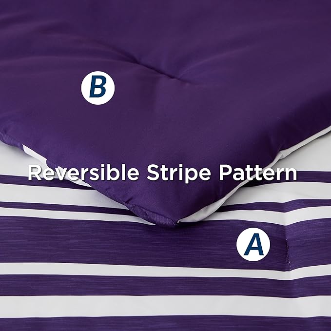 Bedsure Bed in a Bag Twin Size 5-Piece Purple White Striped Bedding Comforter Sets All Season Bed Set with 1 Pillow Sham, Flat Sheet, Fitted Sheet and 1 Pillowcase - LeafyLoom