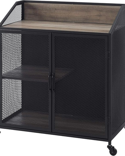 Walker Edison Malcomb Urban Industrial Metal Mesh Double Door Rolling Bar Cabinet, 33 Inch, Grey - LeafyLoom