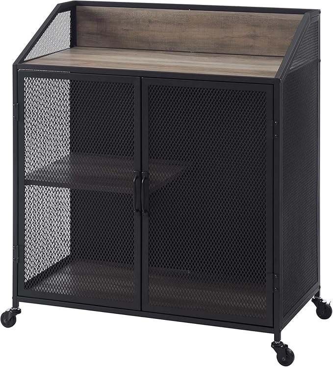 Walker Edison Malcomb Urban Industrial Metal Mesh Double Door Rolling Bar Cabinet, 33 Inch, Grey - LeafyLoom