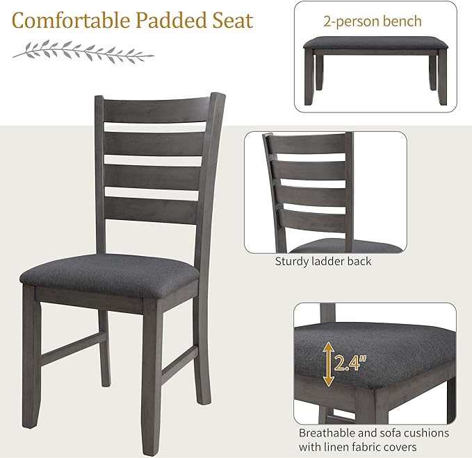 Rustic Wood 4 Upholstered Chairs and one 2-Person Bench Included, A Stable Frame and a Long lifespan, Room, Kitchen, 6 Piece Dining Table Set, Gray 8 - LeafyLoom