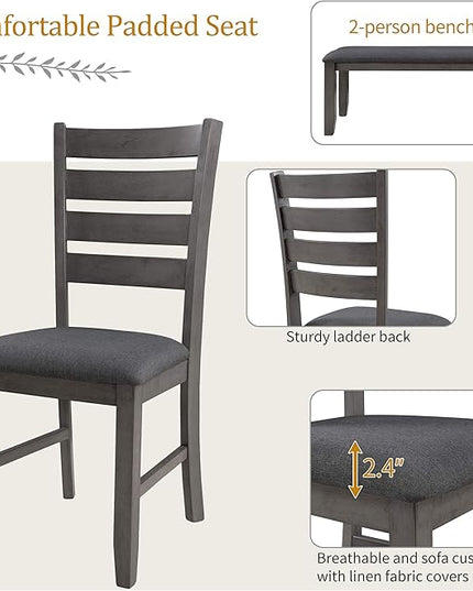 Dining Table Set for 6, Kitchen Table Chairs Set of 6 with Backrest, Rustic Wood Dining Room Table Set for Living Room and Kitchen, Dark Grey - LeafyLoom