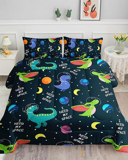 Datura home Dinosaur Space Dinos Comforter Bedding Set for Boys Kids Children,Celestial Bodies Colorful Dinosaur Print Bedding Set with 1 Comforter and 2 Pillowcases(Dinosaur Twin) - LeafyLoom
